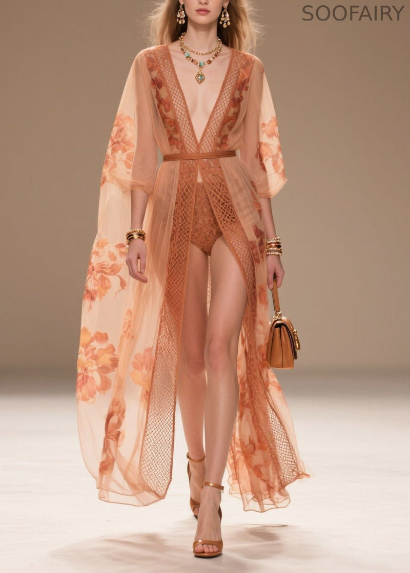 Style Orange V Neck Print Chiffon Sun Protection Cardigans Summer