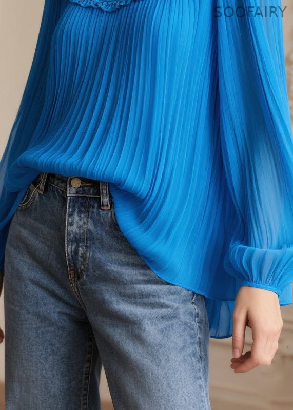 Blue Oversized Patchwork Wrinkled Chiffon Blouses Spring