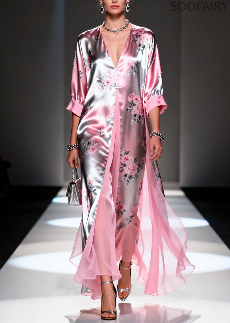 Italian Pink Print Patchwork Silk Fake Two Piece Dress Summer