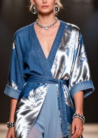 Blue Tie Waist Print Denim Fake Two Piece Dress Summer