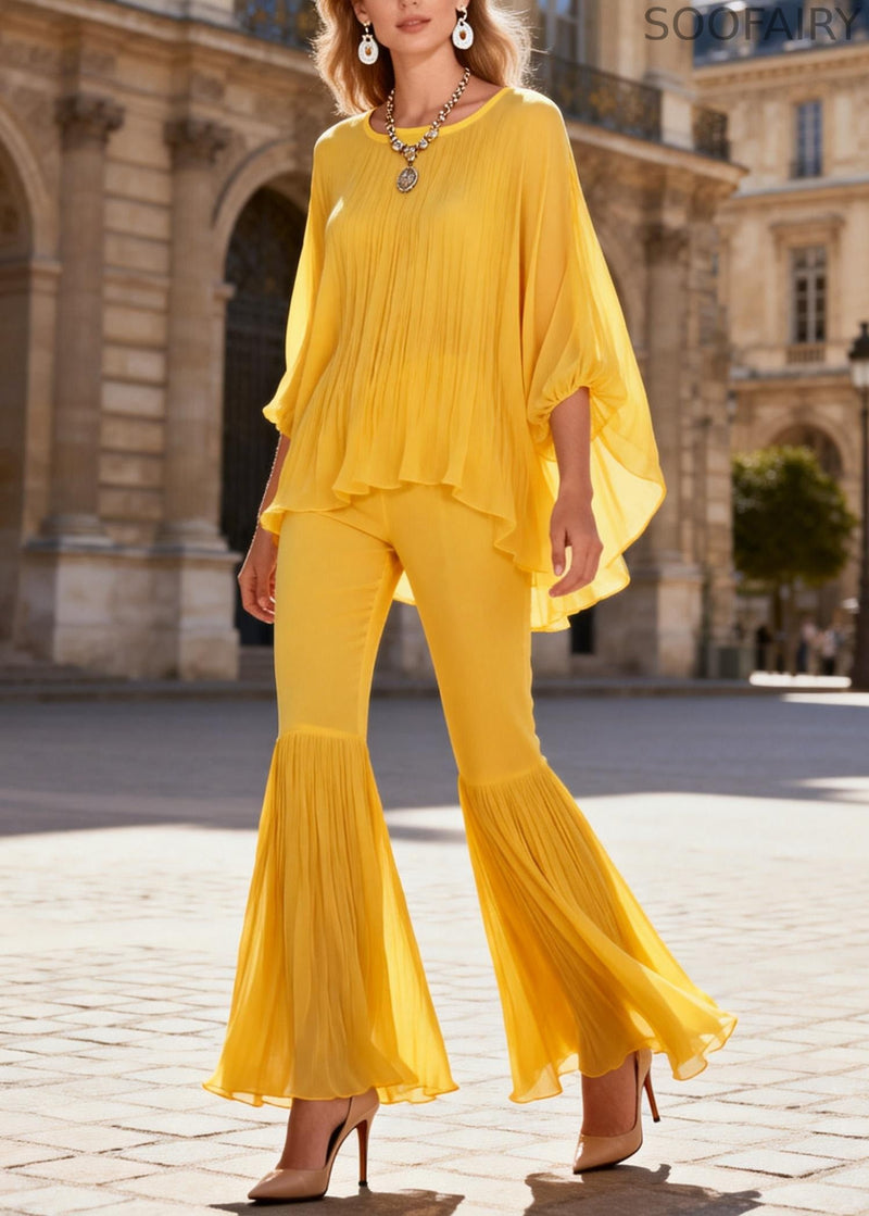 Yellow Wrinkled Two Pieces Set O Neck Bracelet Sleeve