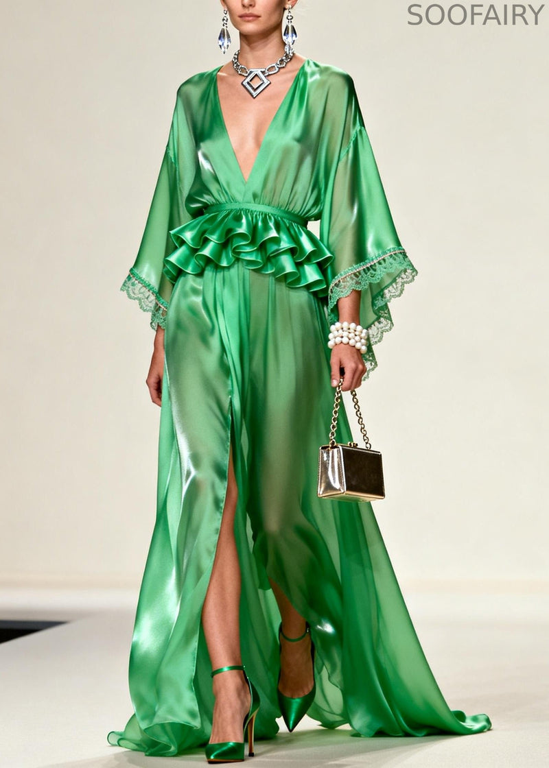 Unique Tea Green Ruffled Side Open Chiffon Party Dress Summer