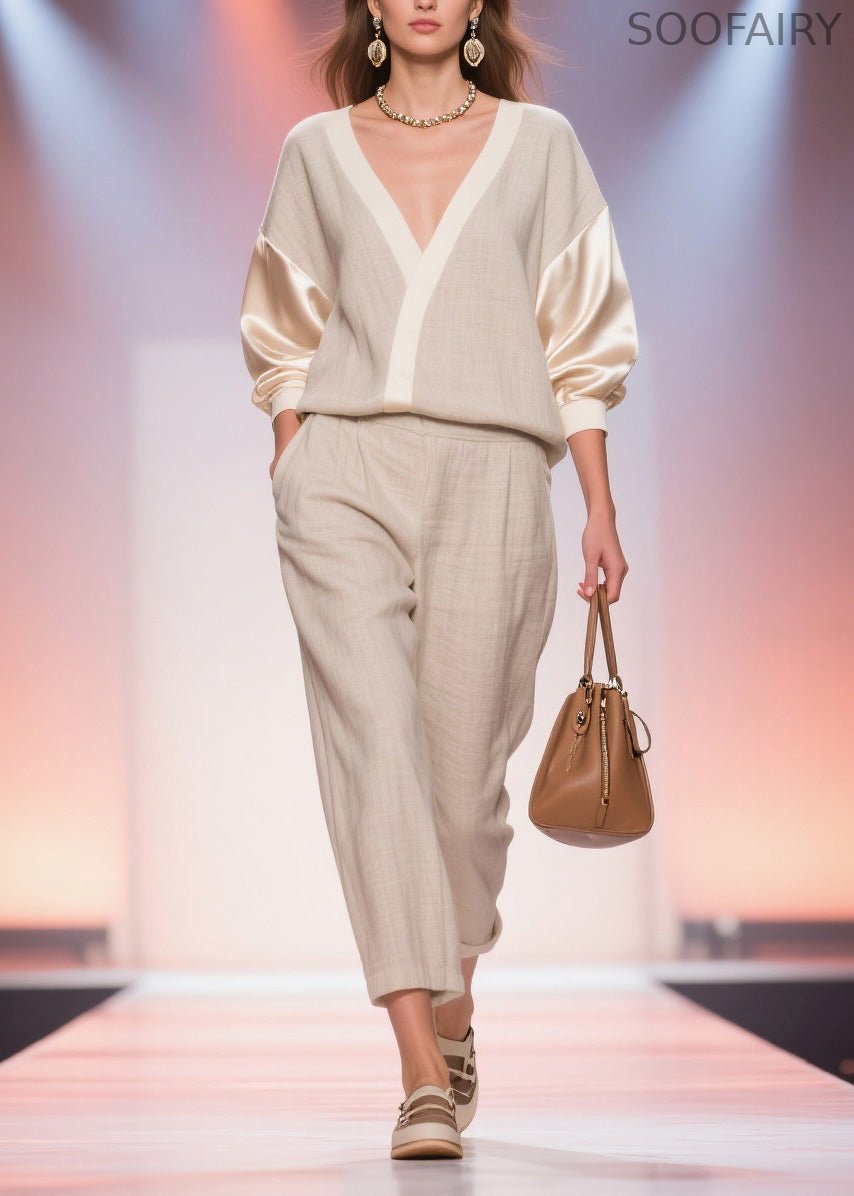 Unique V Neck Top and Pants Patchwork Linen Silk Two Pieces Set Spring