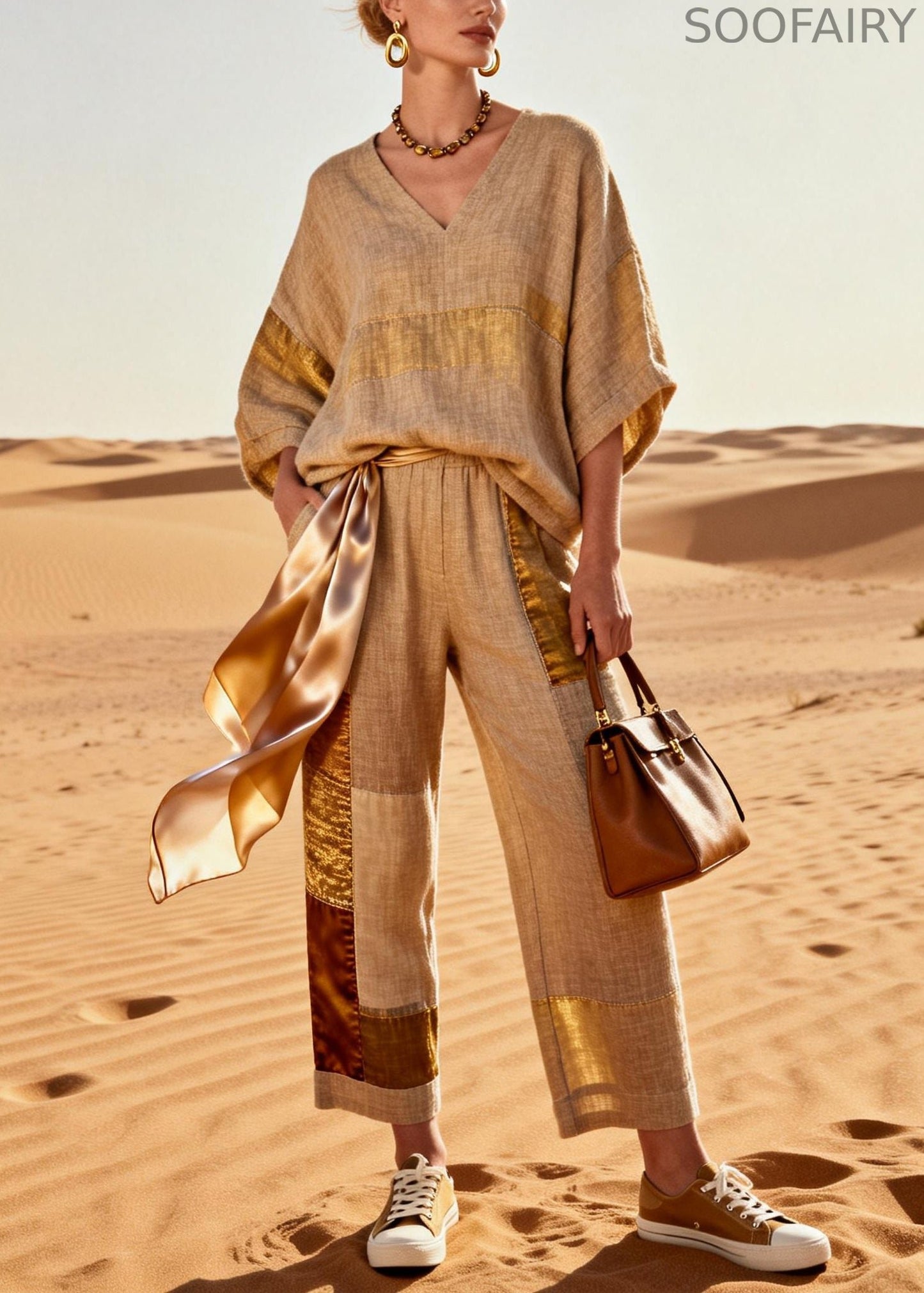 Khaki V Neck Tops and Crop Pants Patchwork Silk Linen Two Pieces Set Batwing Sleeve