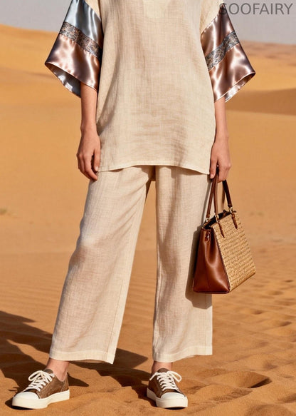V Neck Patchwork Linen Silk Sets 2 Pieces Summer