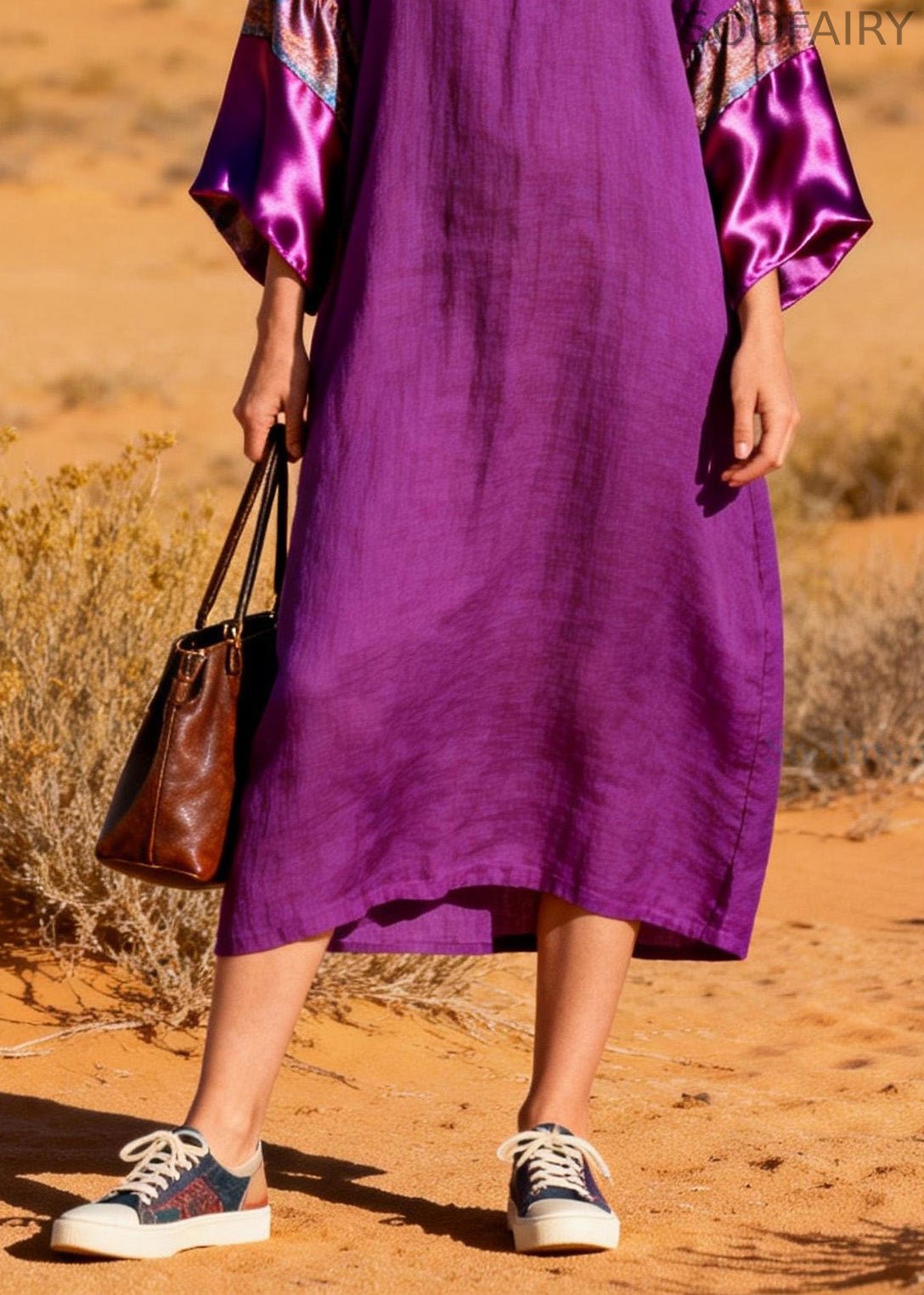 Stylish Purple V Neck Silk Patchwork Linen Dresses Summer