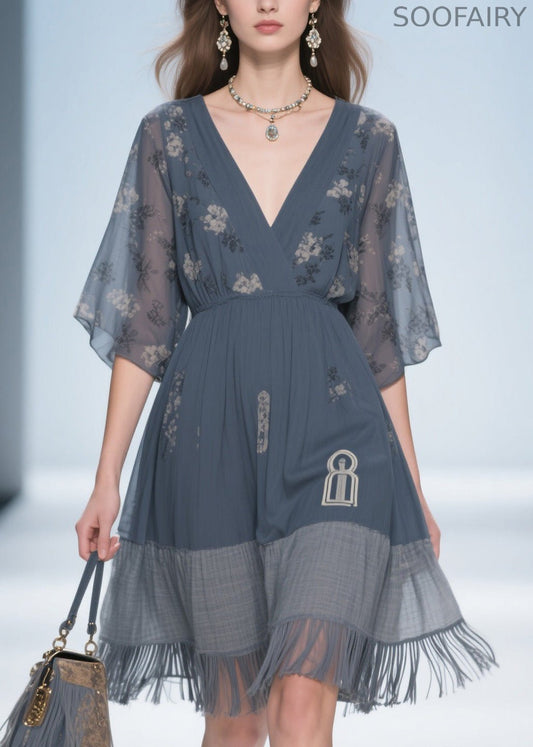 Classy Grey V Neck Tassel Patchwork Cotton Dress Summer