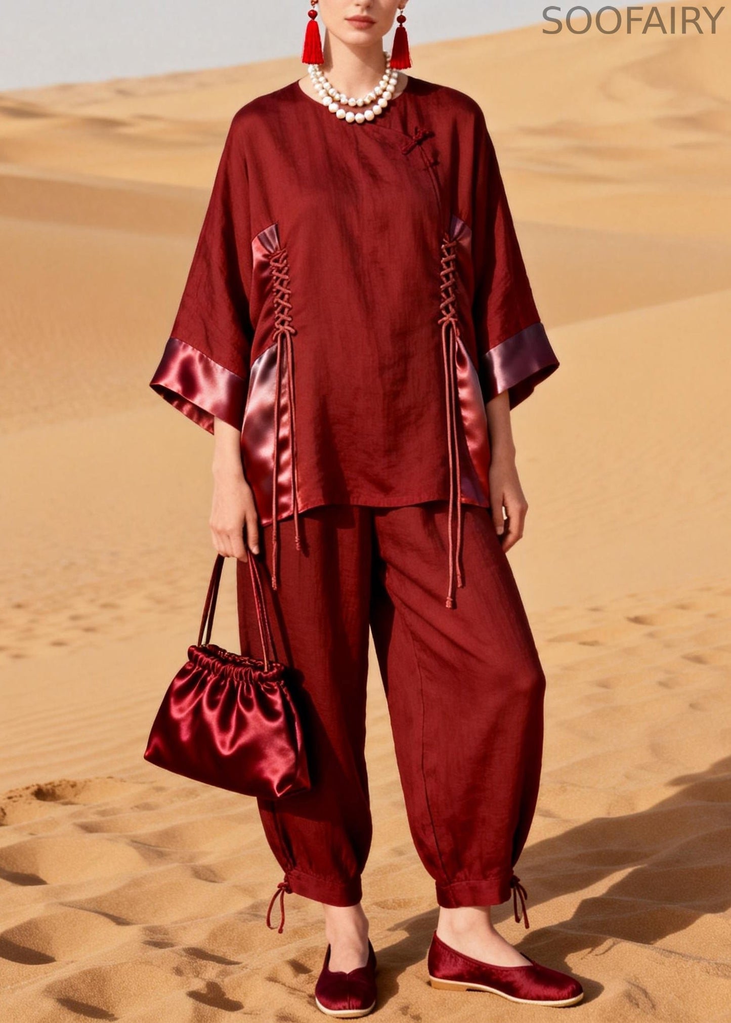 Modern Wine Red Drawstring Silk Patchwork Two Pieces Set Bracelet Sleeve