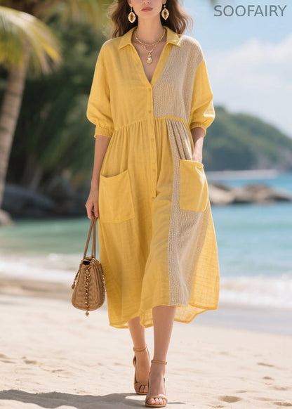 Yellow Oversized Patchwork Cotton Dresses Summer