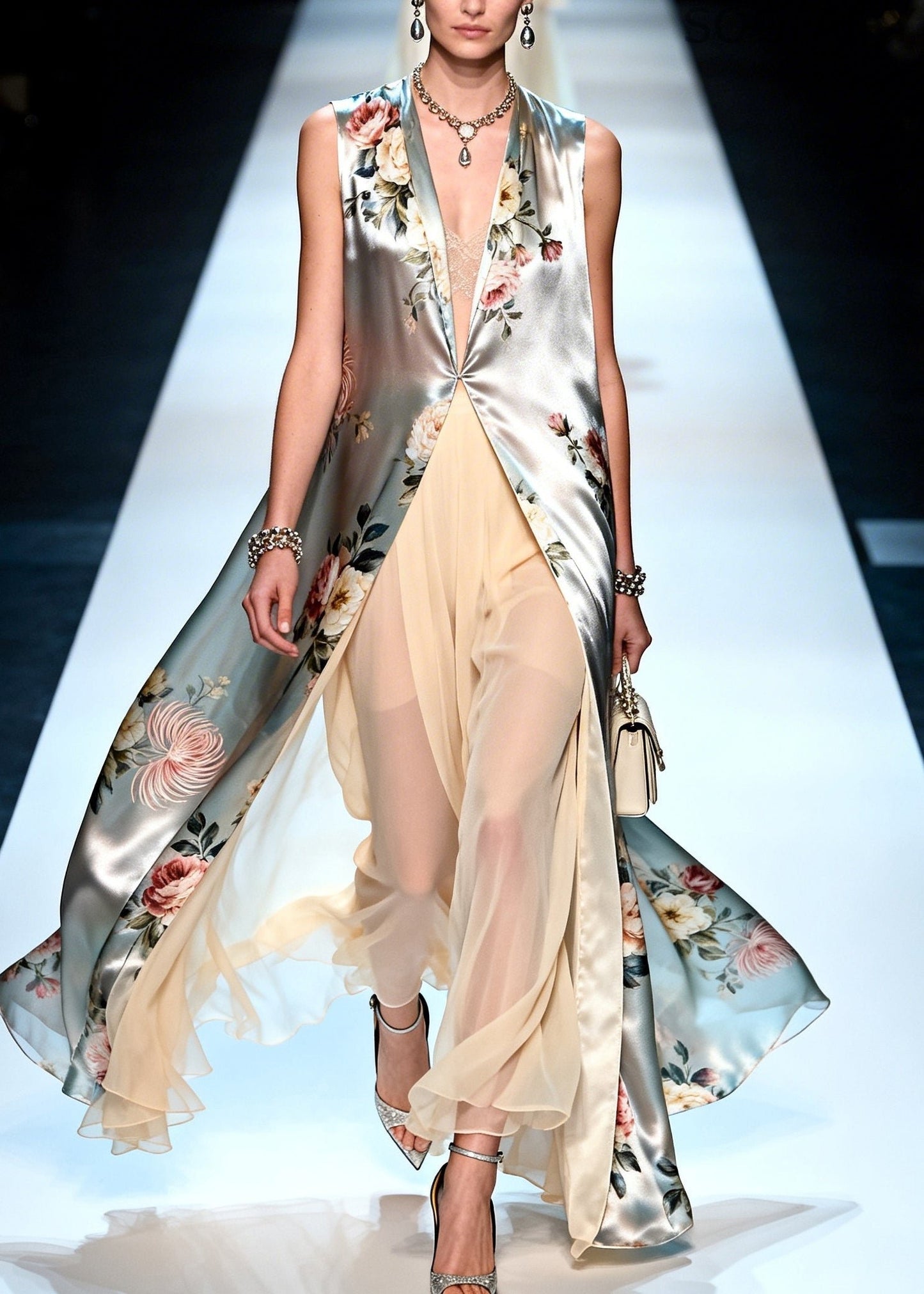 Silvery Print Chiffon Long Dress Two Pieces Set Summer