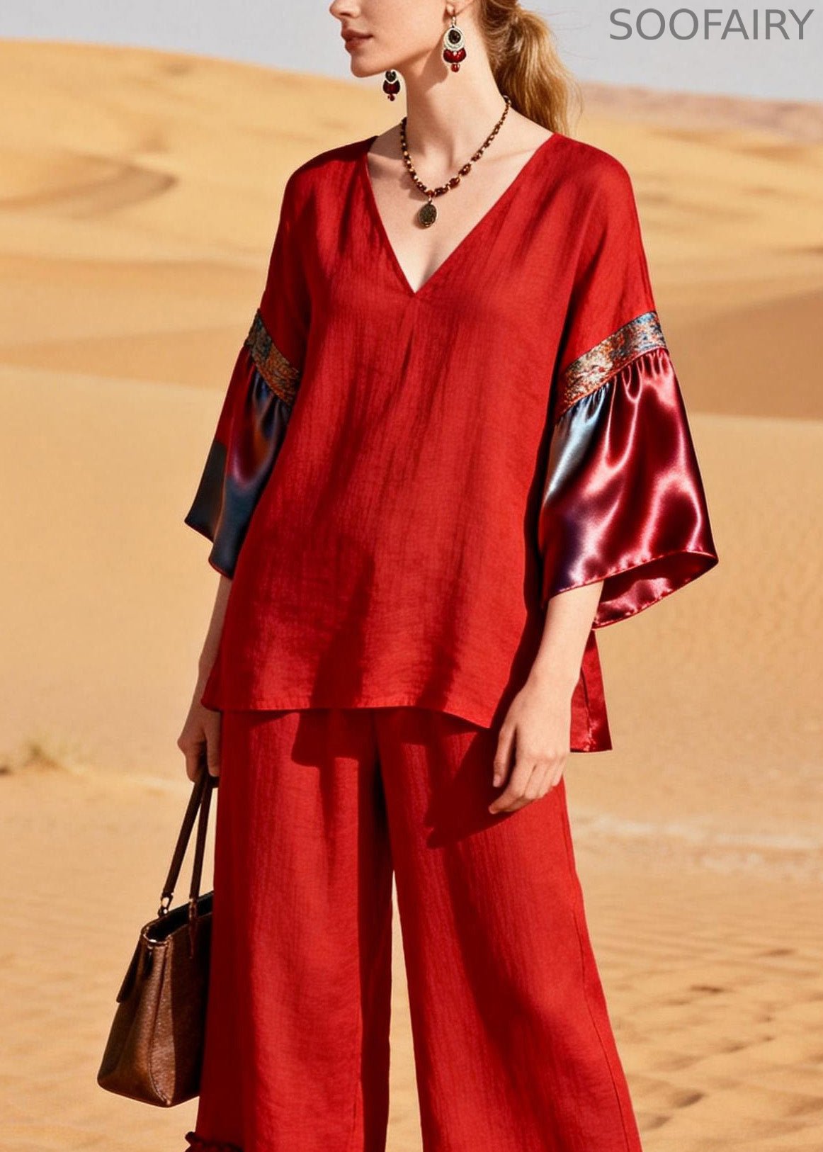 Unique Red Ruffled Patchwork Linen Silk Two Piece Set Outfits Summer