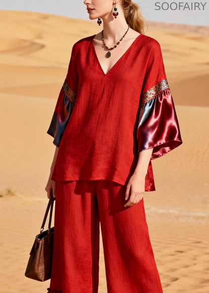 Unique Red Ruffled Patchwork Linen Silk Two Piece Set Outfits Summer