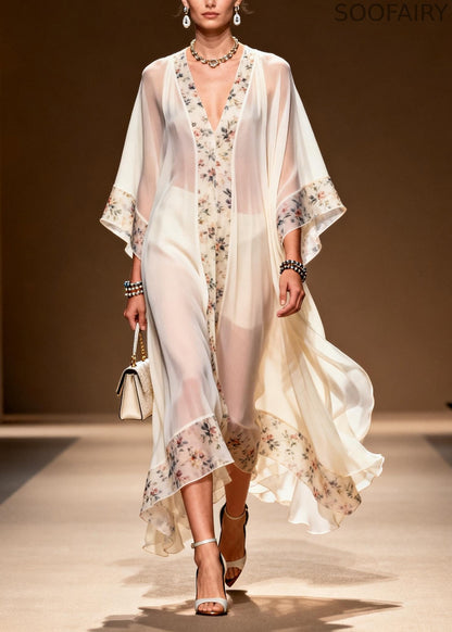 Handmade White Oversized Patchwork Print Chiffon Dress Summer