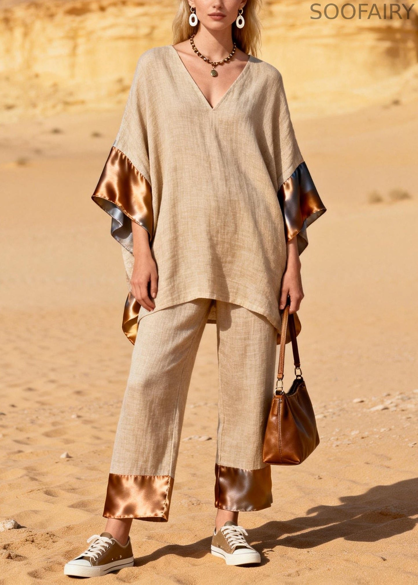Khaki Oversized Patchwork Silk Linen Two Pieces Set Summer
