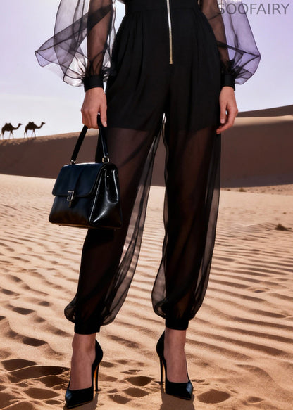 Fine Black V Neck Patchwork Tulle Jumpsuit Spring