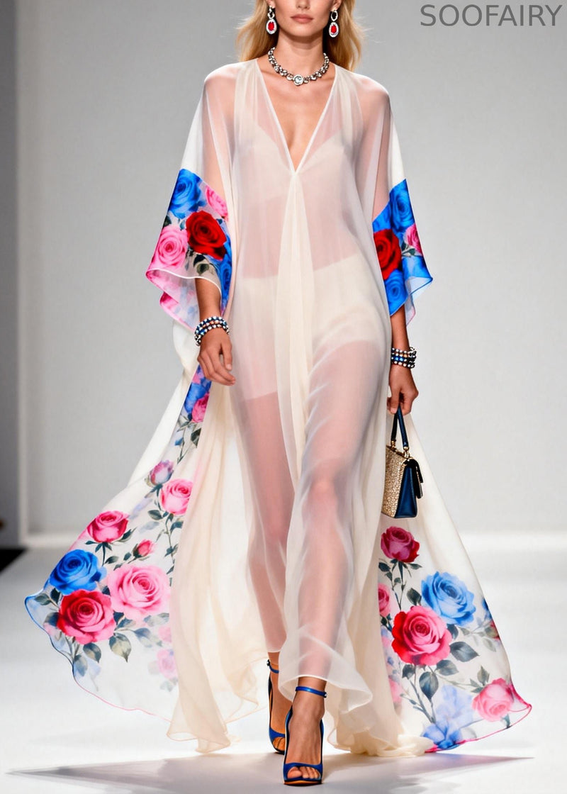 White Oversized Print Sheer Chiffon Maxi Dresses Summer