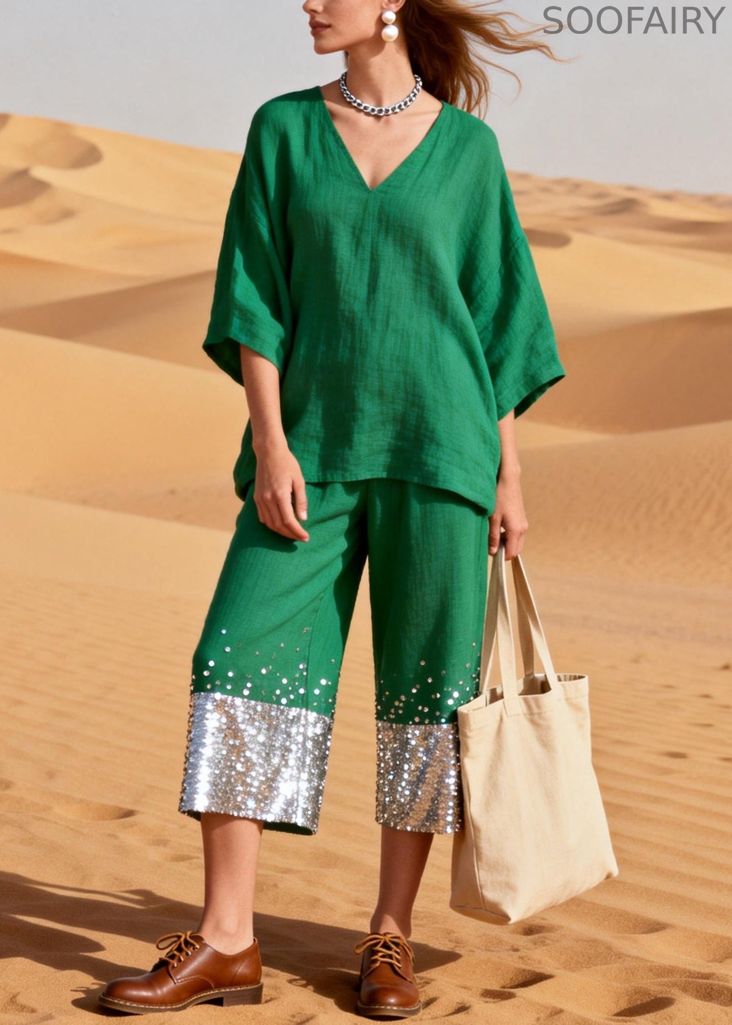 Green Sequins Patchwork Tops and Crop Pants Linen Two Pieces Set Half Sleeve
