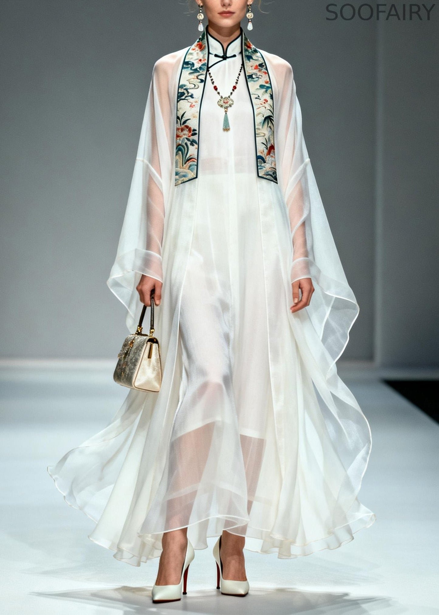 Simple White Stand Collar Patchwork Chiffon Two Piece Set Summer