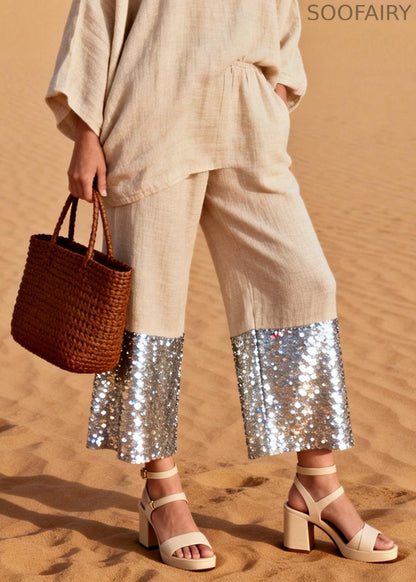Khaki Sequins Patchwork Tops and Wide Leg Pants Two Pieces Set O Neck Spring