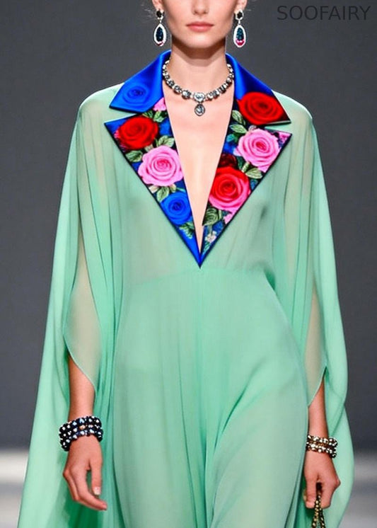Green Notched Patchwork Exra Large Hem Chiffon Dress Summer