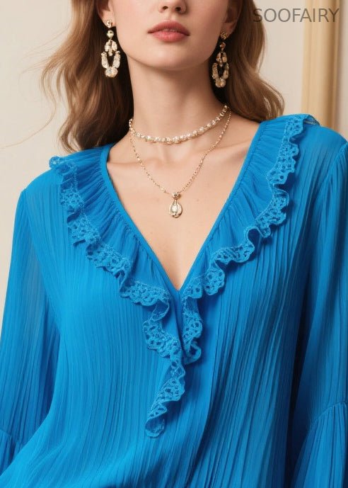 Blue Ruffled Wrinkled Chiffon Shirt Tops Spring