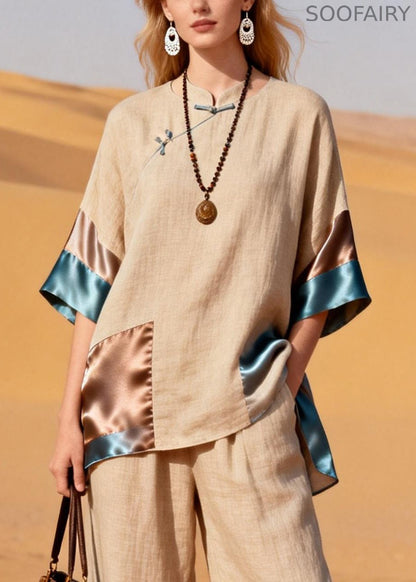 New Khaki Stand Collar Chinese Button Patchwork Silk Linen Two Pieces Set Half Sleeve