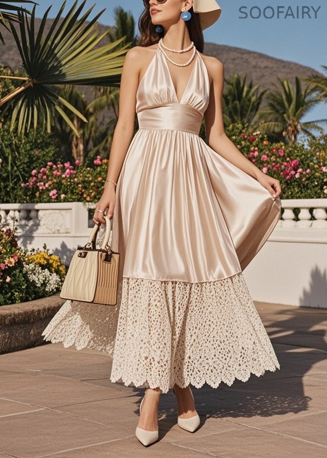 French Champagne Lace Patchwork Exra Large Hem Silk Halter Dresses Summer