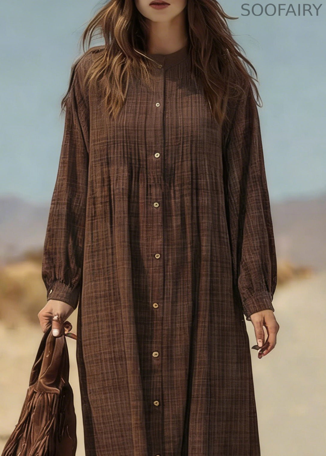 Retro Coffee Plaid Button Cotton Shirts Dress Spring