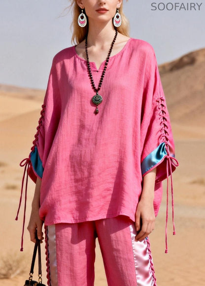 Pink Shirts and Crop Pants Silk Patchwork Two Piece Set Cinched Summer