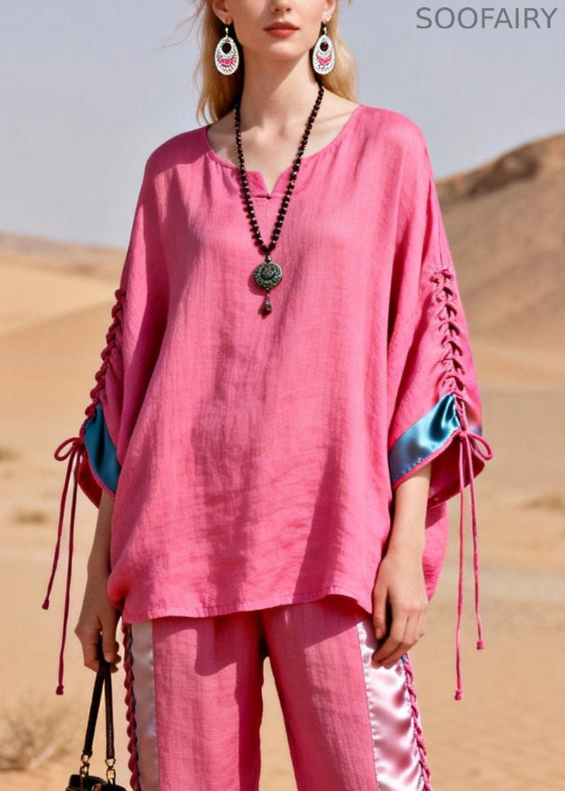 Pink Shirts and Crop Pants Silk Patchwork Two Piece Set Cinched Summer