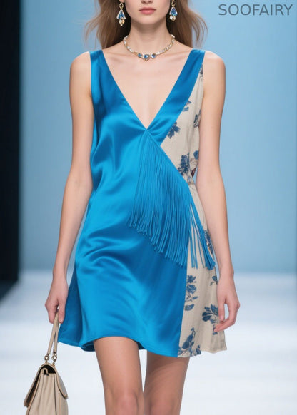 Blue V Neck Print Patchwork Silk Dresses Summer