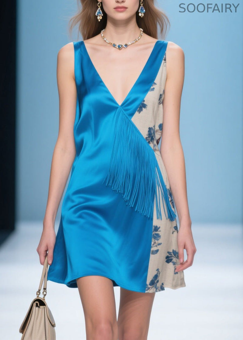 Blue V Neck Print Patchwork Silk Dresses Summer