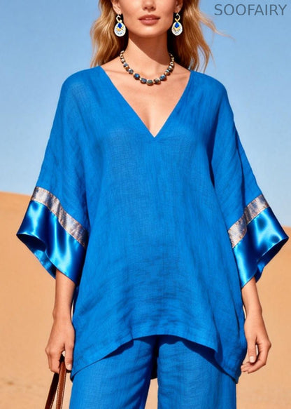 Fitted Blue Oversized Patchwork Silk Cotton Two Piece Set Clothing