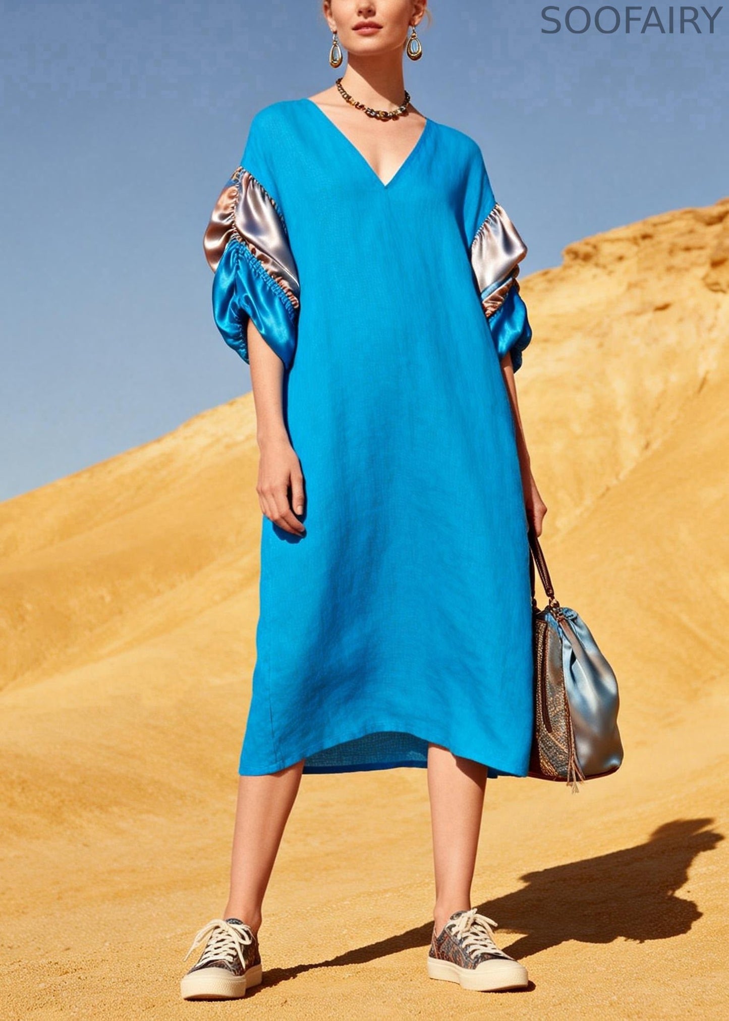 French Blue V Neck Silk Patchwork Linen Vacation Dresses Summer