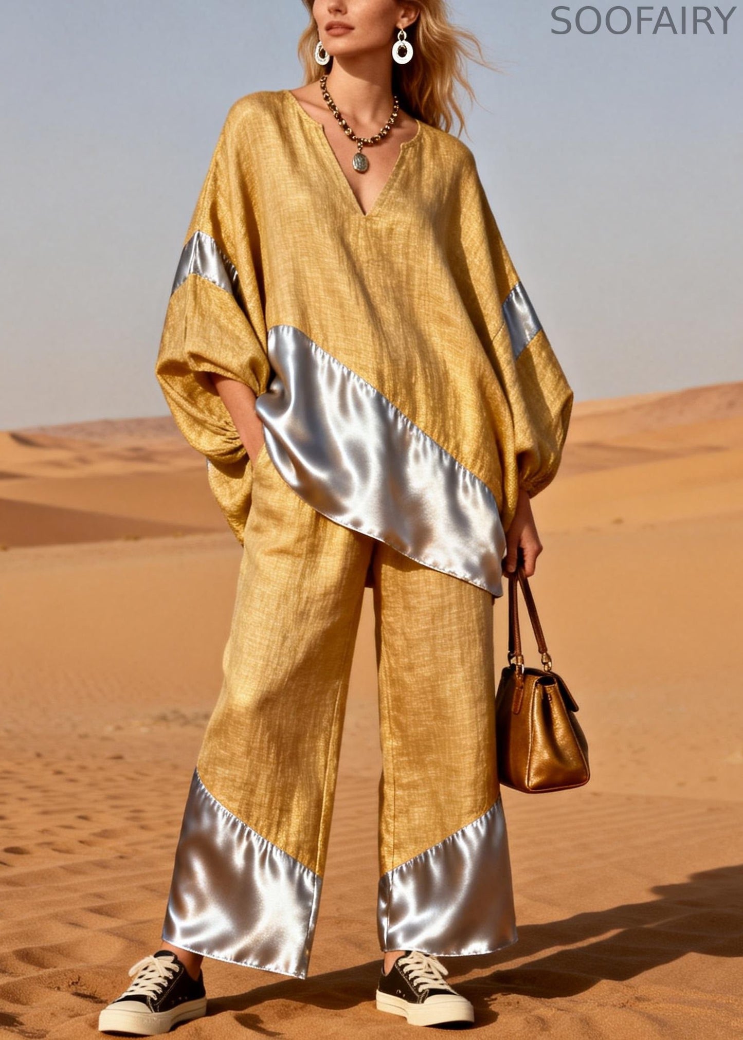 Yellow Silk Patchwork Tops and Pants Two Pieces Set V Neck Spring