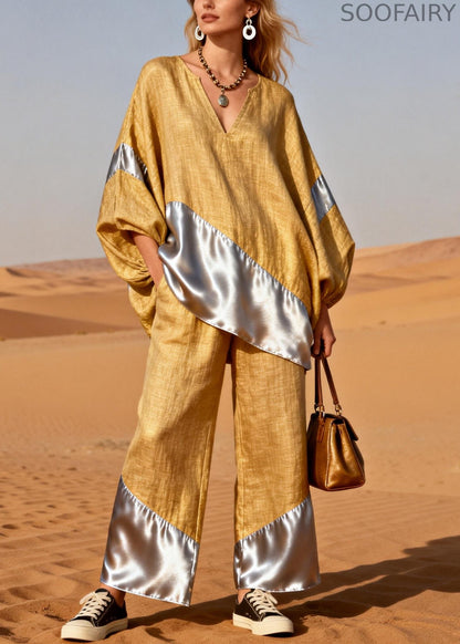 Yellow Silk Patchwork Tops and Pants Two Pieces Set V Neck Spring