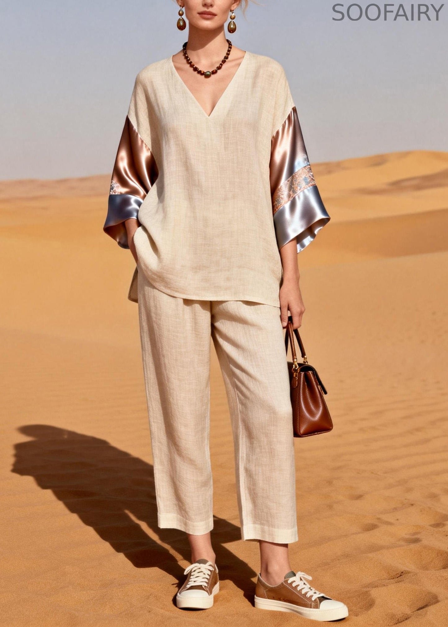 Organic V Neck Patchwork Linen Silk Two Pieces Set Summer