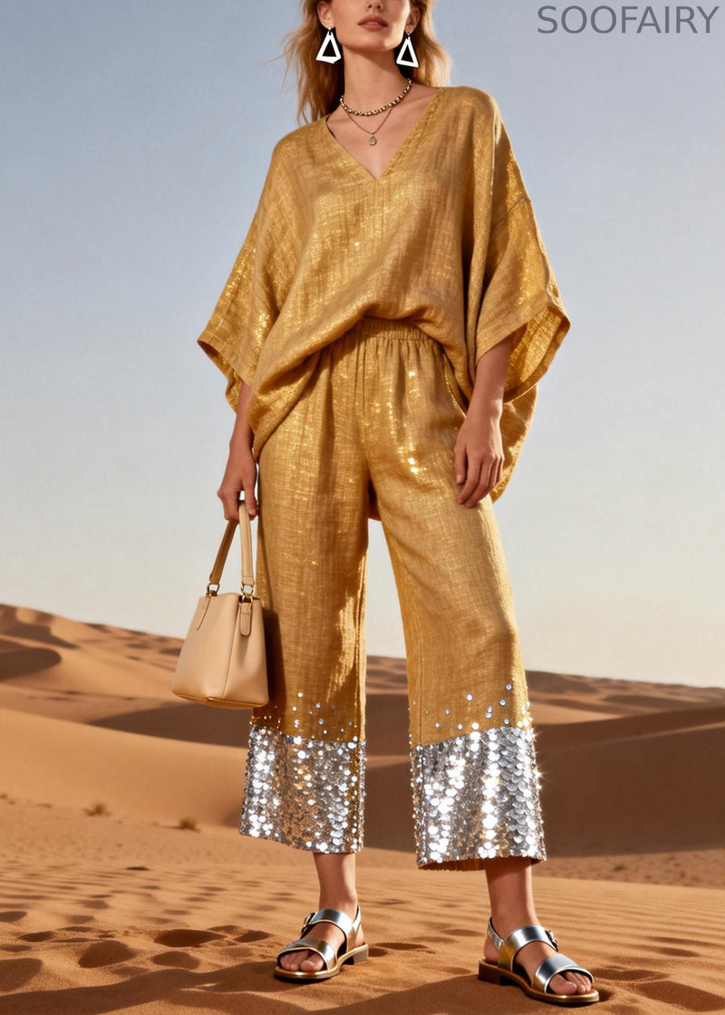 Italian Gold V Neck Elastic Waist Sequins Patchwork Linen Two Pieces Set Batwing Sleeve