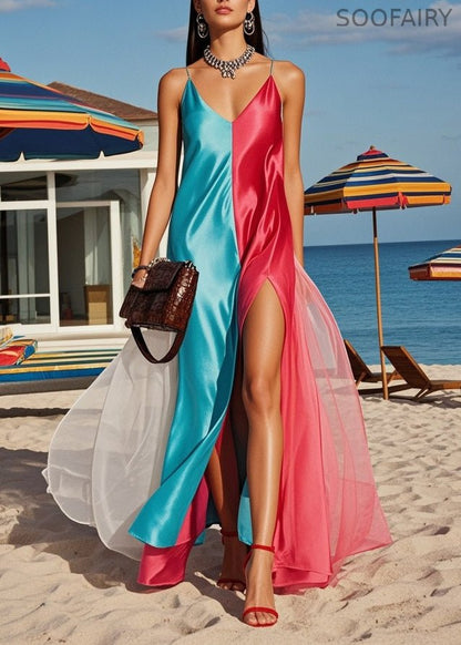 Colorblock Asymmetrical Patchwork Side Open Silk Vacation Dresses Summer