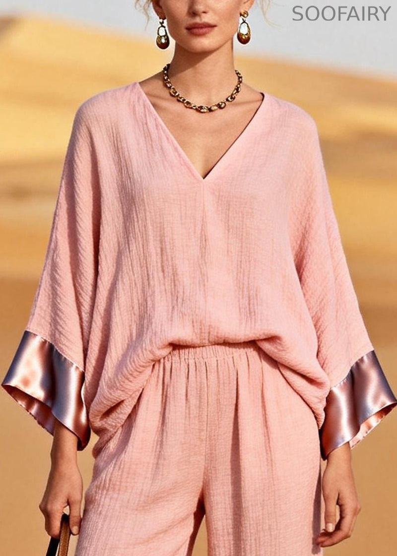 Pink V Neck Patchwork Cotton Two Piece Set Clothing Spring
