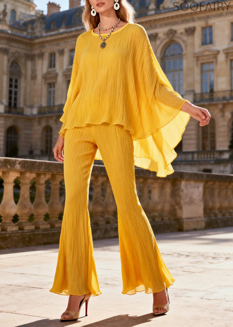 Loose Yellow Wrinkled Low High Design Tops and Flared Trousers Two Pieces Set Batwing Sleeve