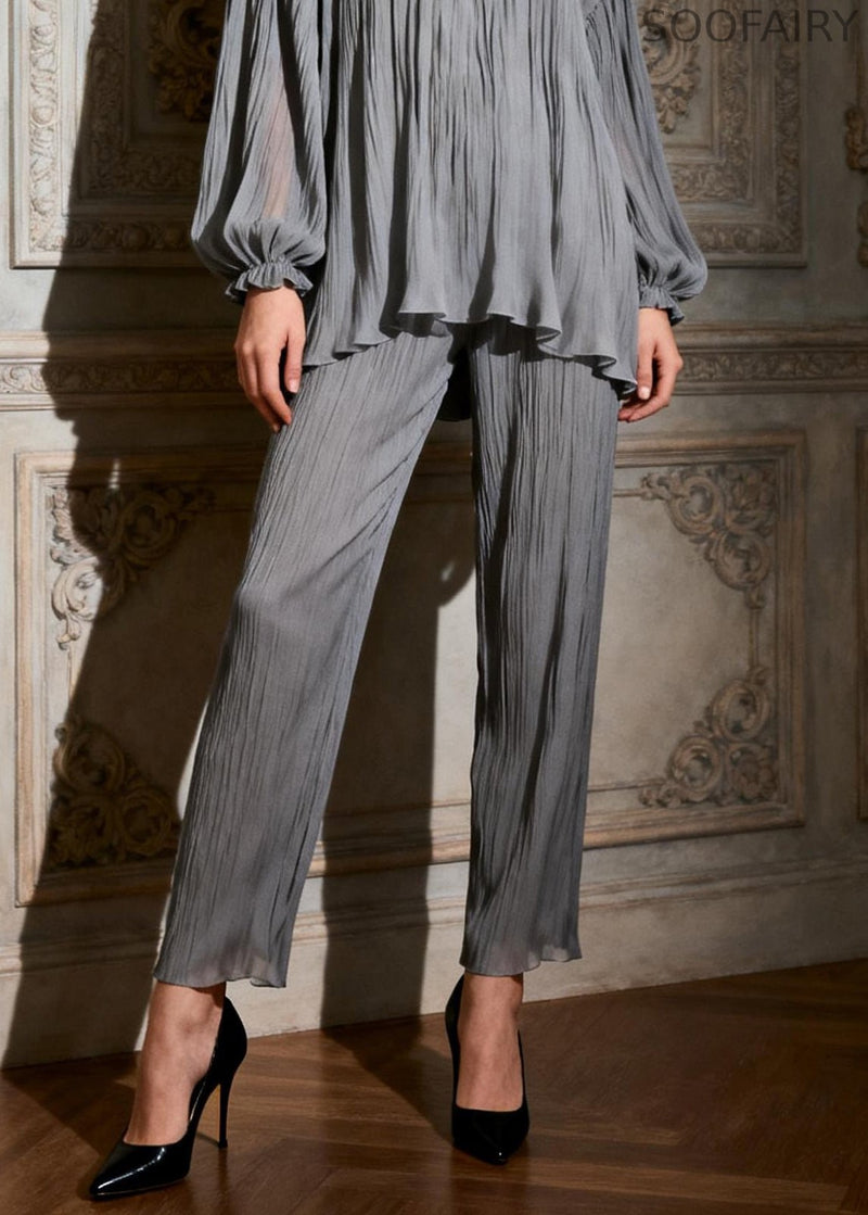 Foggy Gray Ruffled Tops and Crop Pants Two Pieces Set O-neck Butterfly Sleeve