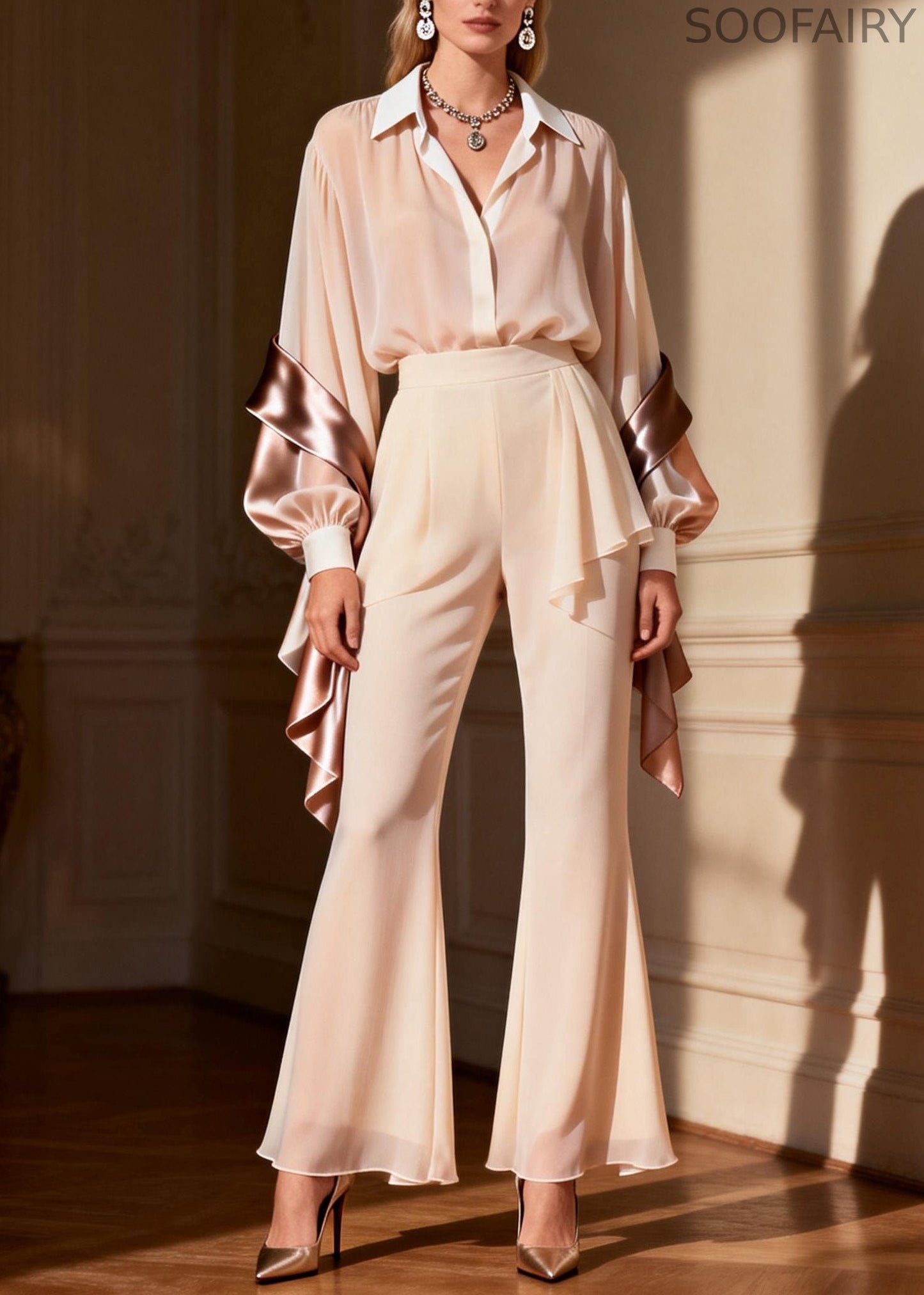 New Peter Pan Collar Patchwork Silk Two Piece Suit Set Spring