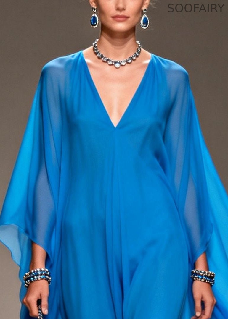 Blue Oversized Draping Chiffon Long Dress Summer