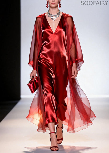 Classy Red V Neck Loose Silk 2 Piece Outfit Summer