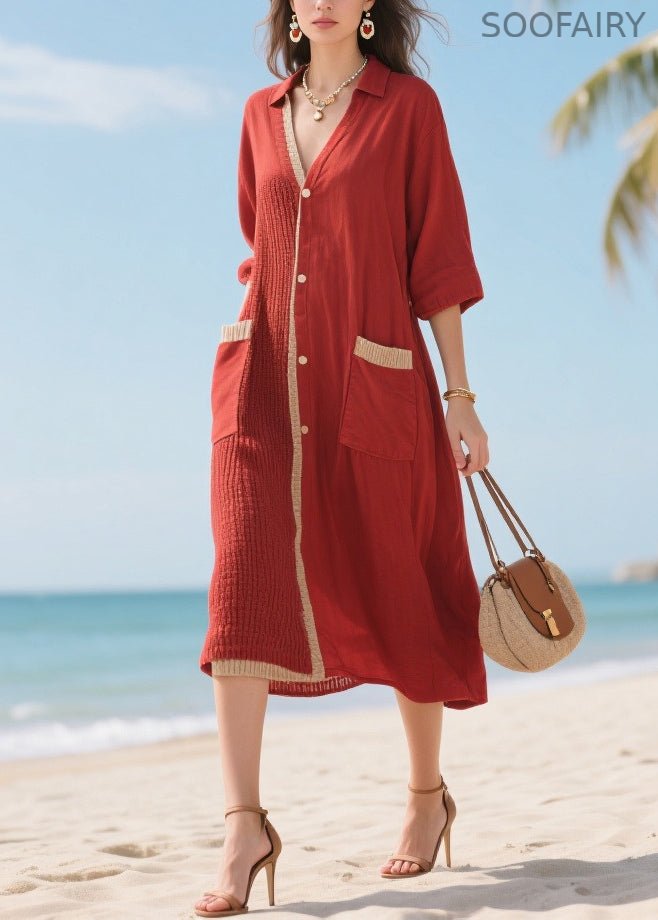 Organic Red Asymmetrical Patchwork Cotton Maxi Dresses Half Sleeve