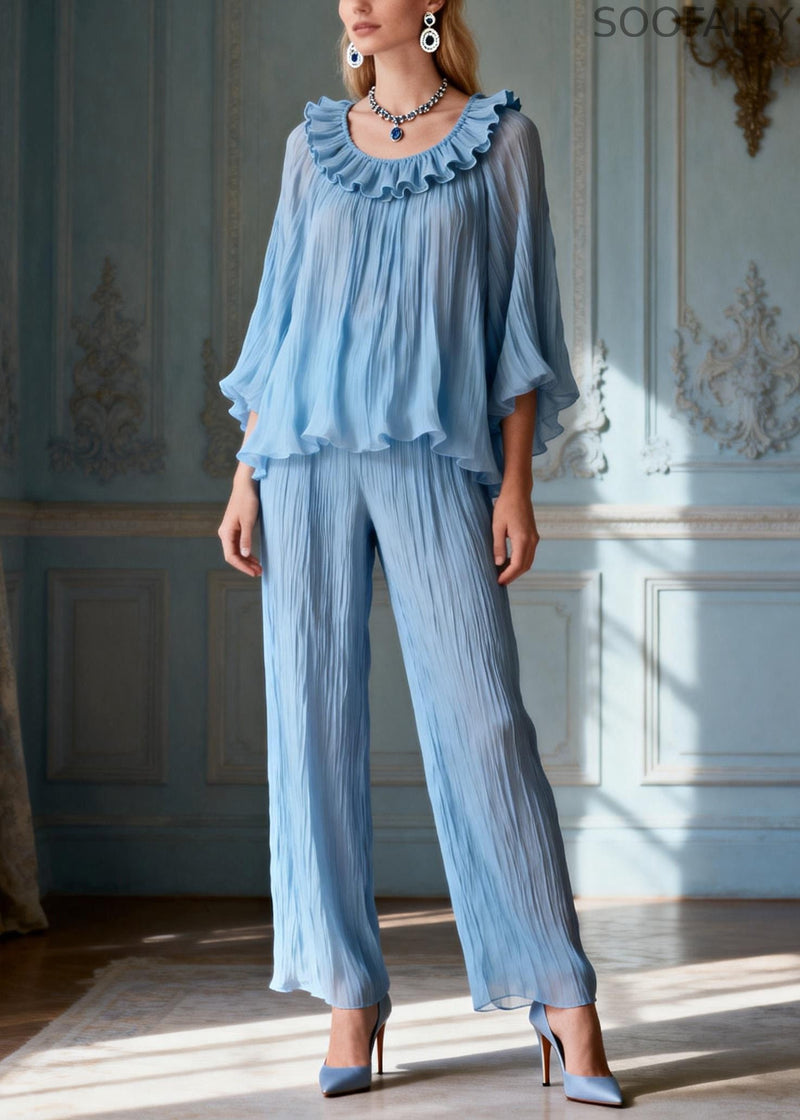Light Blue O-neck Love Heart Ruffled Two Pieces Set Lantern Sleeve
