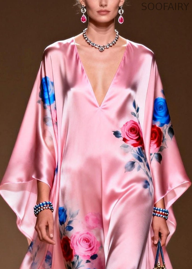 Art Pink Oversized Print Silk Party Dress Summer