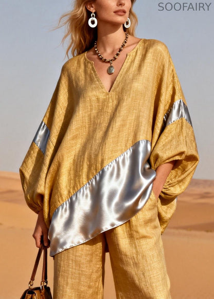 Yellow Silk Patchwork Tops and Pants Two Pieces Set V Neck Spring