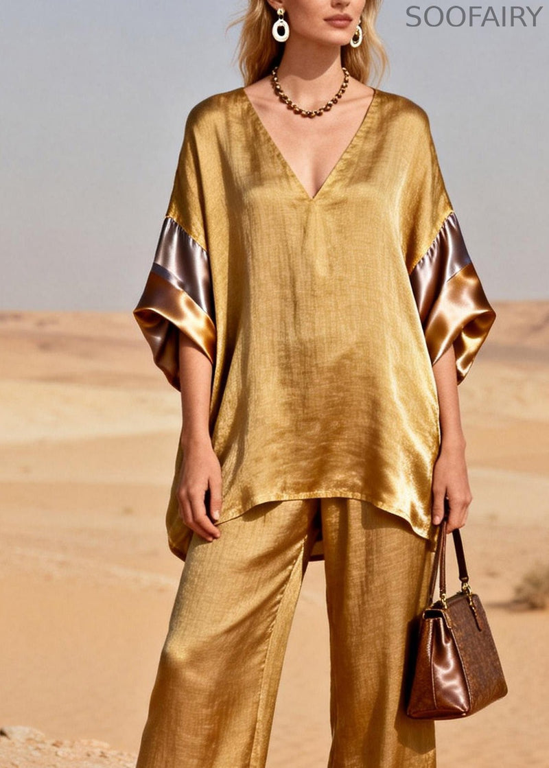 New Gold V Neck Patchwork Linen Silk Two Piece Suit Set Spring